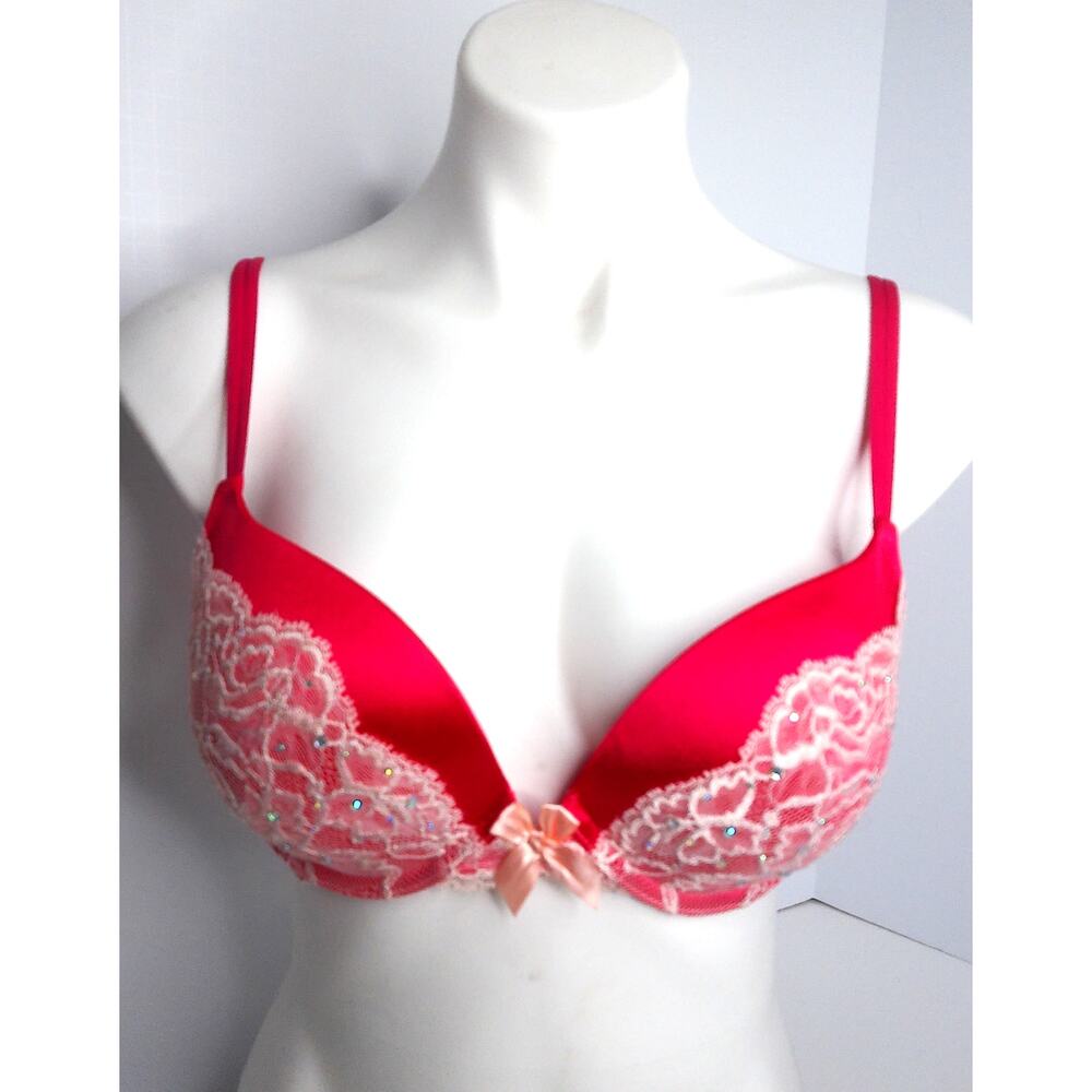 Victoria's Secret Very Sexy Plunge Bra 36C Pink Red Lace Push Up New